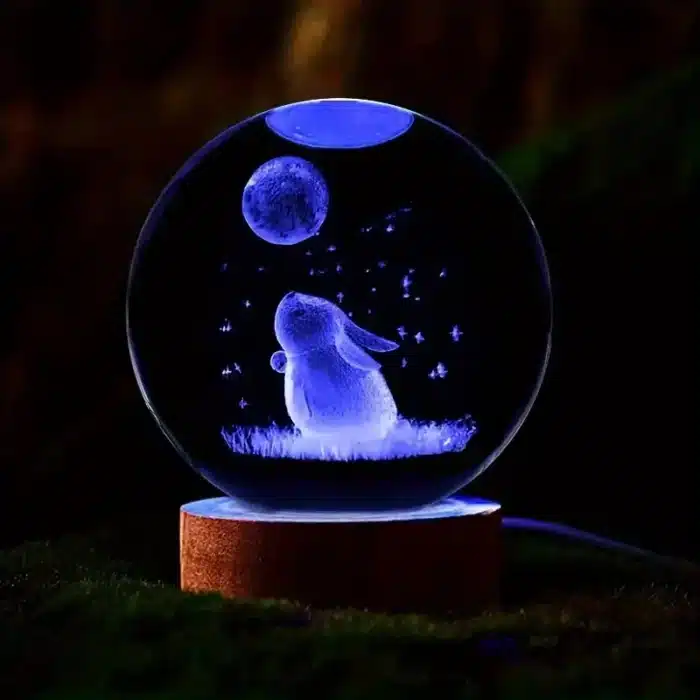Boule de cristal de lune de lapin sculpté en 3D, base en bois, anniversaire, saint-valentin, fête des mères, décoration de maison et de bureau, 1 pièce 1