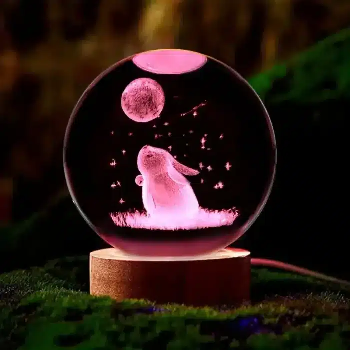 Boule de cristal de lune de lapin sculpté en 3D, base en bois, anniversaire, saint-valentin, fête des mères, décoration de maison et de bureau, 1 pièce 4