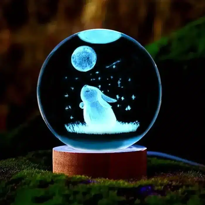 Boule de cristal de lune de lapin sculpté en 3D, base en bois, anniversaire, saint-valentin, fête des mères, décoration de maison et de bureau, 1 pièce 3